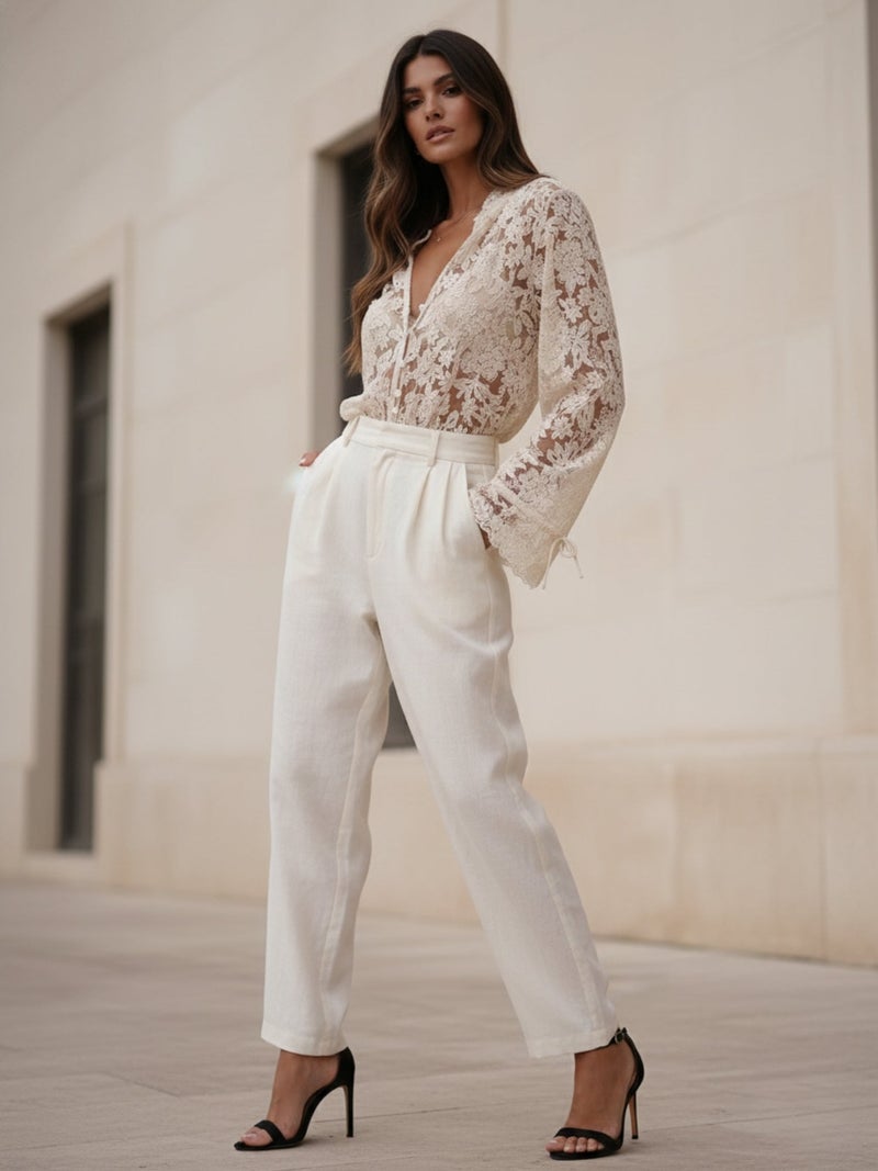 OUTZIDR Cream Bell Sleeve Textured V Neck Mesh Top - Image 3